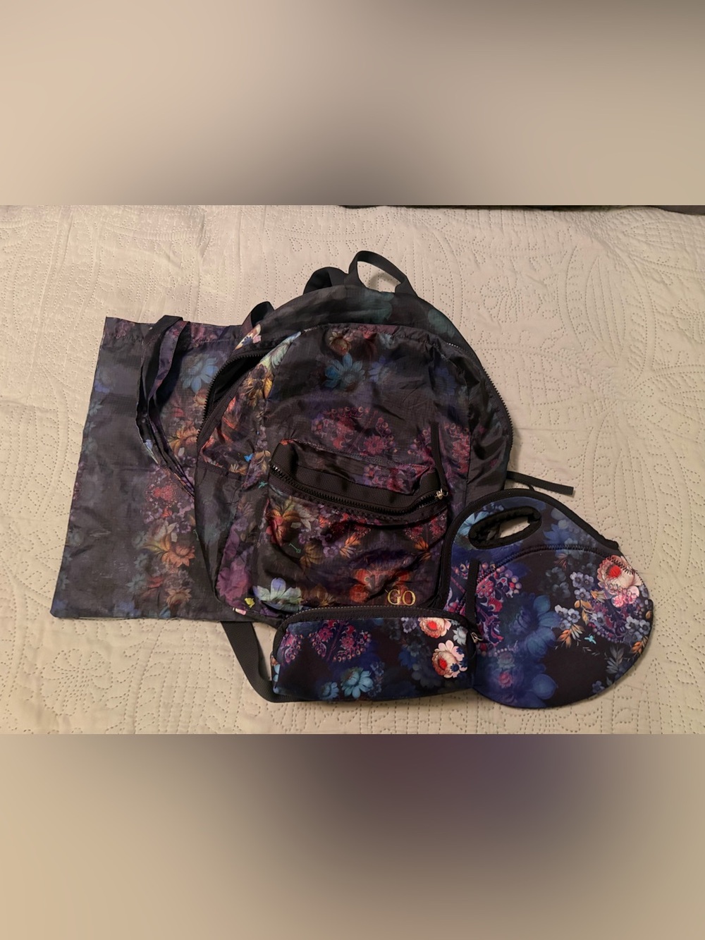 Cynthia Rowley Black Multi Floral Backpack with Matching Pouches